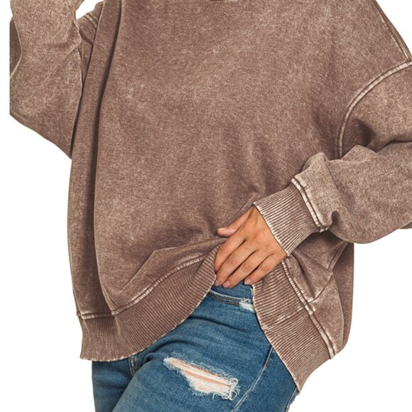 Brown Plus Size Acid Wash Oversized Fleece Pullover - Picture 2 of 2